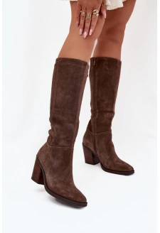 Dámské kozačky na sloupkovém podpatku se zipem Lissara – hnědé, eko semiš