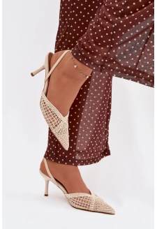 Dámské sandály z pleteného materiálu na jehlovém podpatku Hanelis – světle béžové