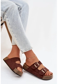 Dámské pantofle na korkové platformě se zlatými přezkami – hnědé Tovessa