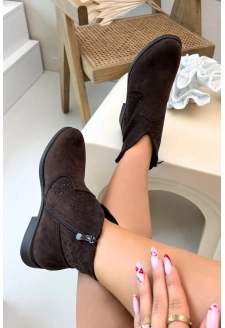 Dámské kotníkové boty na plochém podpatku s ažurovým vzorem S.Barski – čokoládové