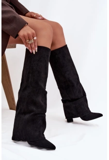 Dámské zateplené kozačky s vyhrnutou špičkou na sloupkovém podpatku Elivira – černé 