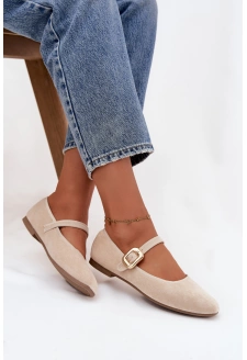 Dámské eko semišové baleríny s páskem a zlatou přezkou Adelora – světle béžové