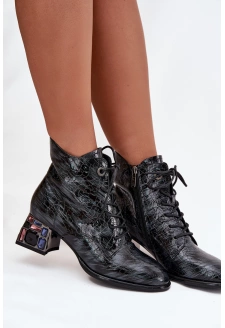 Dámské lakované boty Artiker – šedé, z přírodní kůže, na podpatku s krystalky