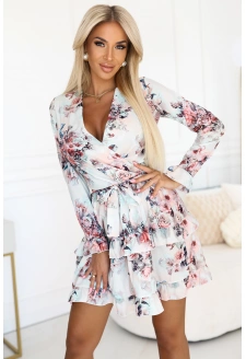 297-3 CAROLINE Zwiewna sukienka w kwiaty z kopertowym dekoltem i falbanami