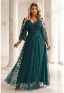654-1 Długa połyskująca sukienka plus size z dekoltem i transparentnym rękawkiem - zieleń butelkowa