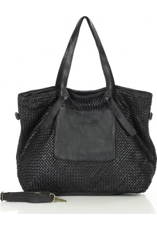 MARCO MAZZINI Originální dámská černá tkaná kožená shopper kabelka