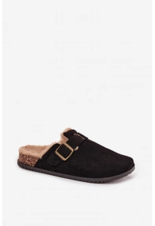 Dámské nazouvací pantofle s kožešinou a přezkou Sylisse – černé