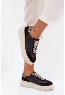 Dámské kožené tenisky na platformě s leopardím vzorem Zazoo – černé