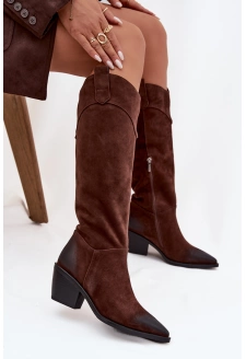 Dámské cowboy kozačky na podpatku z přírodního semiše Artiker – hnědé