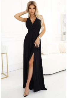 Dlouhé exkluzivní šaty MONIQUE s výstřihem a rozparkem na noze - černé s brokátem