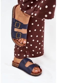 Dámské pantofle na korkové platformě s přezkami – tmavě modré