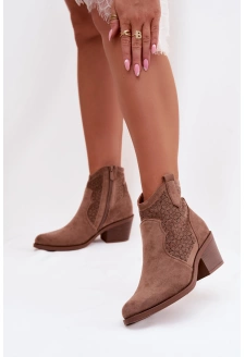 Dámské kotníkové boty na podpatku s ažurovým vzorem S.Barski – hnědé