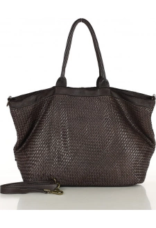 MARCO MAZZINI Tmavě hnědá kožená shopper kabelka s pletenou přední částí