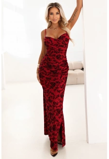 645-2 Dopasowana sukienka maxi z kopertowym dekoltem i rozcięciem - bordowa z eleganckim wzorem