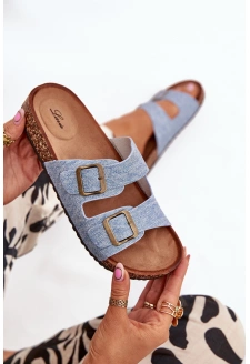 Dámské pantofle na korkové platformě s přezkami – světlý denim