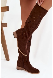 Dámské perforované kozačky na podpatku Helinna – čokoládová