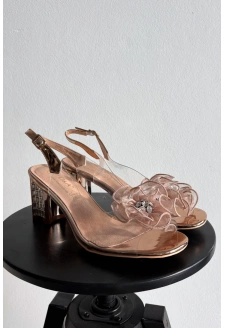 Dámské sandály s ozdobou na sloupkovém podpatku – růžové zlato