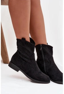 Dámské kotníkové boty s ažurovým vzorem na plochém podpatku S.Barski – černé