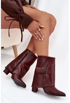 Dámské zateplené kotníkové botky na sloupku s ohrnovací manžetou a přezkou – bordó Ylenara