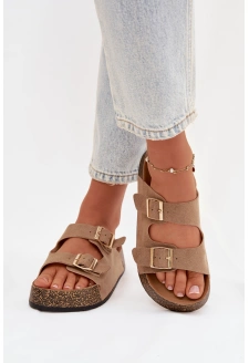 Dámské pantofle na korkové platformě se zlatými přezkami – tmavě béžové Tovessa