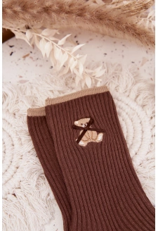 Bavlněné žebrované ponožky s medvídkem – čokoládové