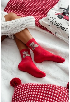 Dámské vánoční ponožky s medvídkem v čepici Santa – červené