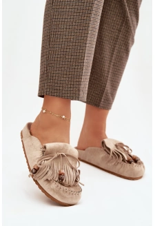Dámské mule pantofle s třásněmi a korálky – béžové Belissa