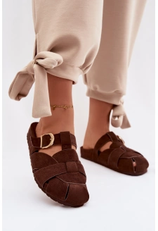 Dámské pantofle mule s pásky a zlatou přezkou Ganelle – čokoládové