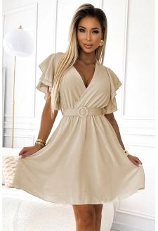 586-1 Kobieca sukienka z kopertowym dekoltem, rękawkiem i paskiem - BEŻOWA