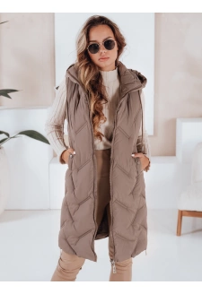 Kamizelka damska długa pikowana z kapturem ciemnobeżowa Dstreet TY5100
