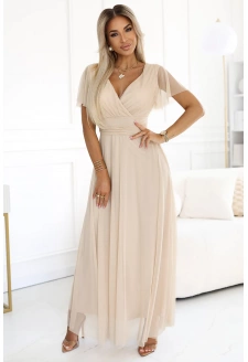 562-6 NASTIA Długa sukienka z dekoltem i krótkim rękawkiem - BEŻOWA