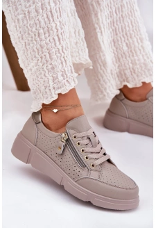 Dámské kožené sportovní sneakersy na platformě se zipem Vinceza – tmavě béžové