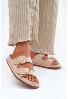 Dámské pantofle s přezkami a ozdobným lemem – béžové Visley