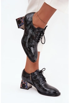 Dámské kožené lakované polobotky na podpatku s krystalky Artiker – šedé