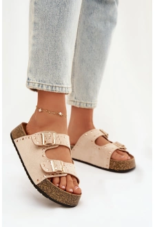 Dámské pantofle se zlatými přezkami a cvočky – světle béžové Tervina