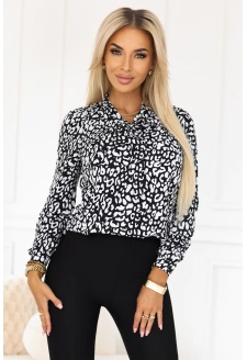 140-28 Biznesowa bluzka z długim rękawkiem i wiązaniem z przodu - czarno-biały wzór