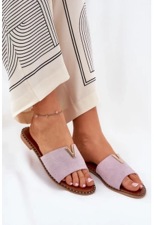 Dámské pantofle na nízkém podpatku s ozdobnými detaily – fialové Saliena