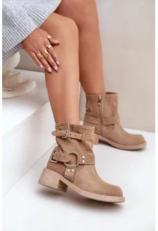 Semišové dámské kotníkové boty na nízkém blokovém podpatku s pásky Zazoo 3644 béžové