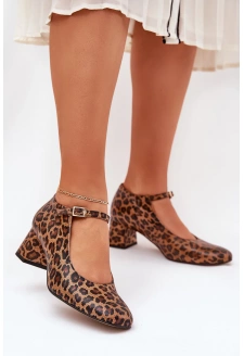 Dámské kožené lodičky na podpatku s leopardím vzorem Laura Messi – hnědé