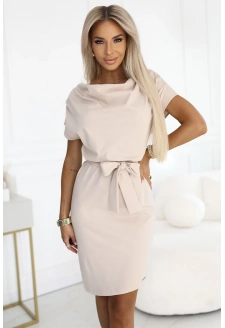 240-5 ROXI sukienka z asymetryczną spódnicą i paskiem - BEŻOWA