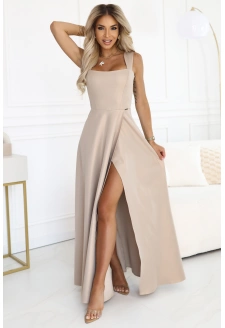 633-1 AURELIA długa sukienka z rozcięciem i dekoltem w caro - beżowa z brokatem