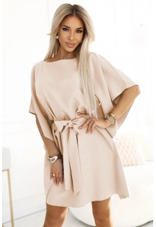 287-38 SOFIA Sukienka motyl z wiązaniem w pasie - CIEMNY BEŻ