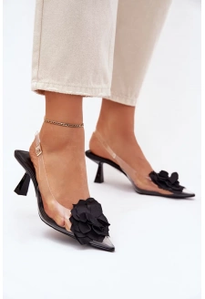 Dámské transparentní sandály na jehlovém podpatku s ozdobným květem Risalie – černé