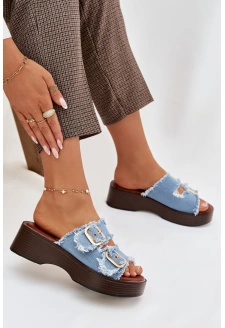 Dámské pantofle na platformě se zlatými přezkami – modré Renelisse