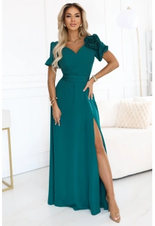 653-1 Elegancka długa sukienka z różą, paskiem i wysokim rozcięciem - butelkowa zieleń
