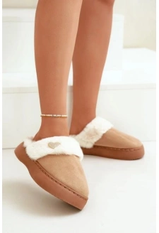 Kapcie Damskie Z Futerkiem I Ozdobnym Sercem Brązowe Otielo