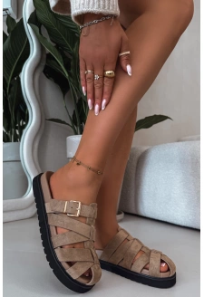 Dámské pantofle s pásky a zlatou přezkou Roselisse – tmavě béžové