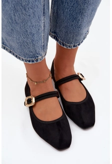 Dámské eko semišové baleríny s páskem a zlatou přezkou Adelora – černé