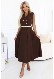 596-4 Elegancka szmizjerka midi ze złotymi guzikami i paskiem - CZEKOLADOWA