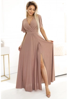 581-4 JENNIFER połyskująca długa suknia z rękawkiem i dekoltem - MOCHA MOUSSE Z BROKATEM